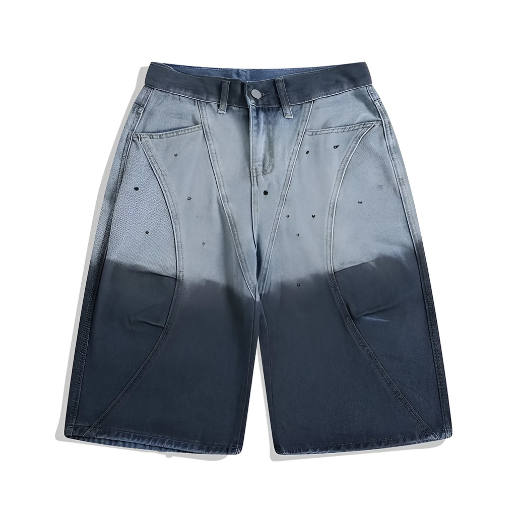 Blue tie-dye gradient washed-out cropped jeans with loose fit and mid-waist design