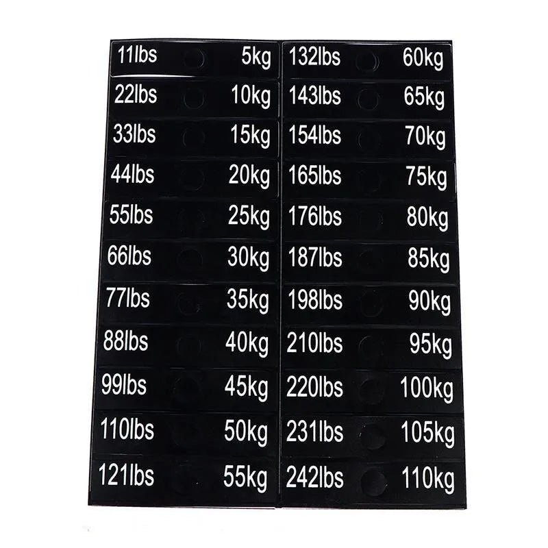 Gym weight sticker label 90x20mm Aspic colour with bolt holes showing 5-100kg scale