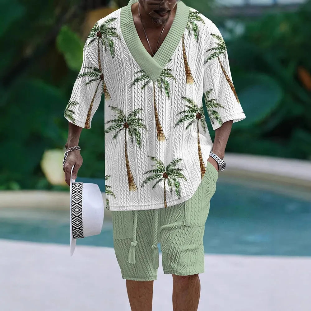 Loose casual short sleeve suit set in polyester fabric showing matching top and shorts
