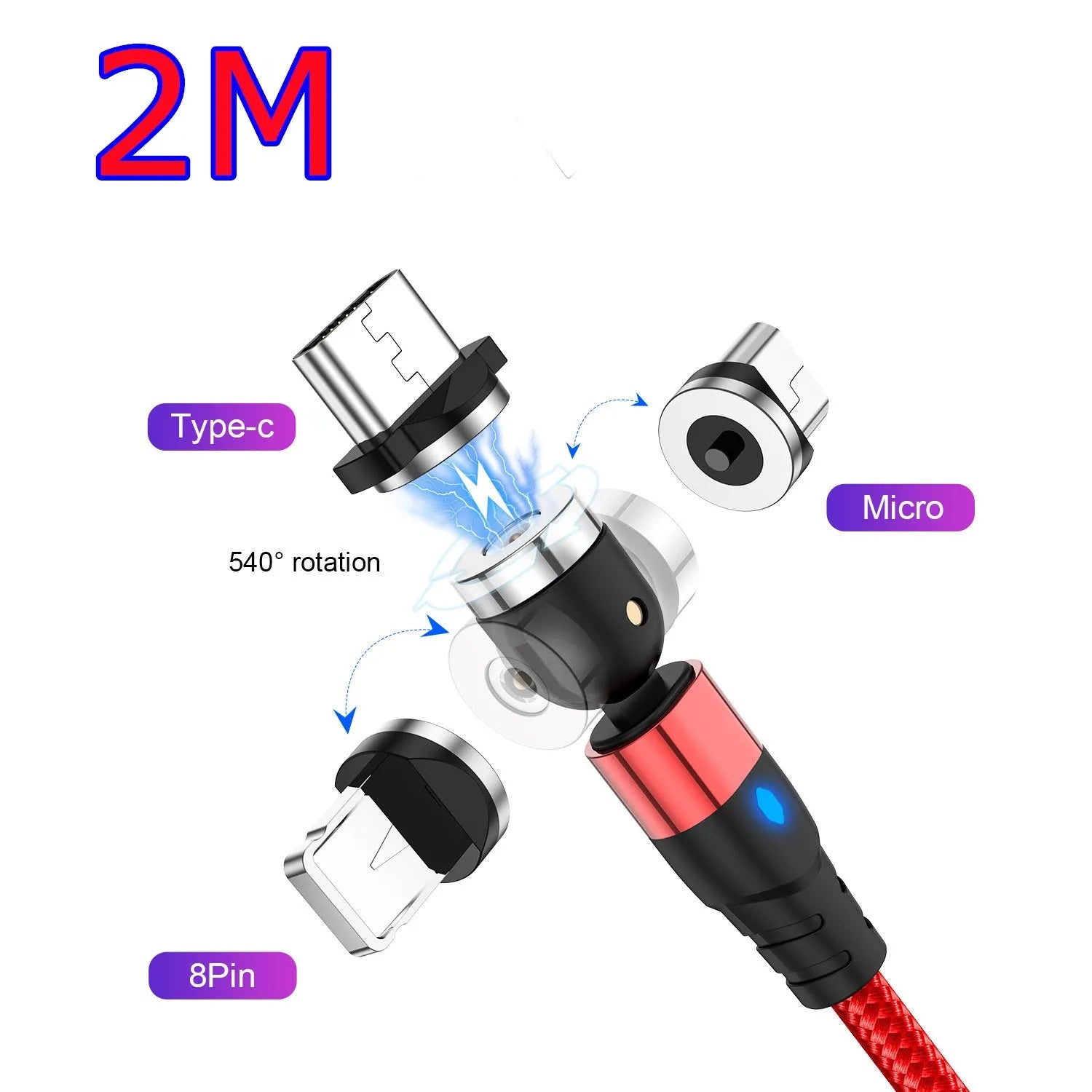 Magnetic charging cable with LED light indicator in various colours showing magnetic connection heads