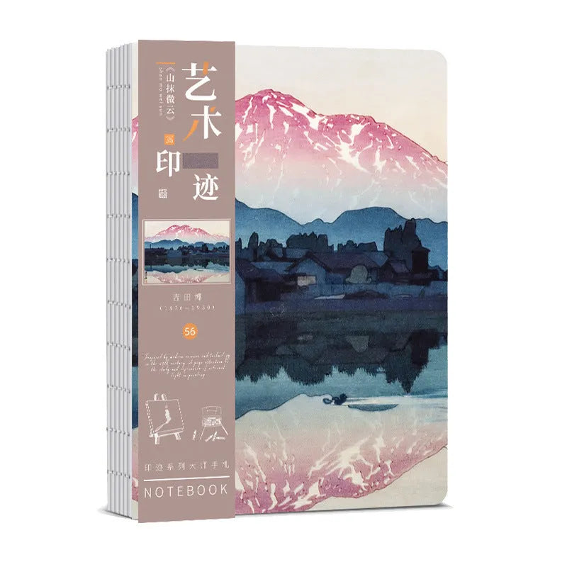 Hardback Ukiyo-e series hand ledger notebook with retro Japanese print cover, open to show 100g paper pages.