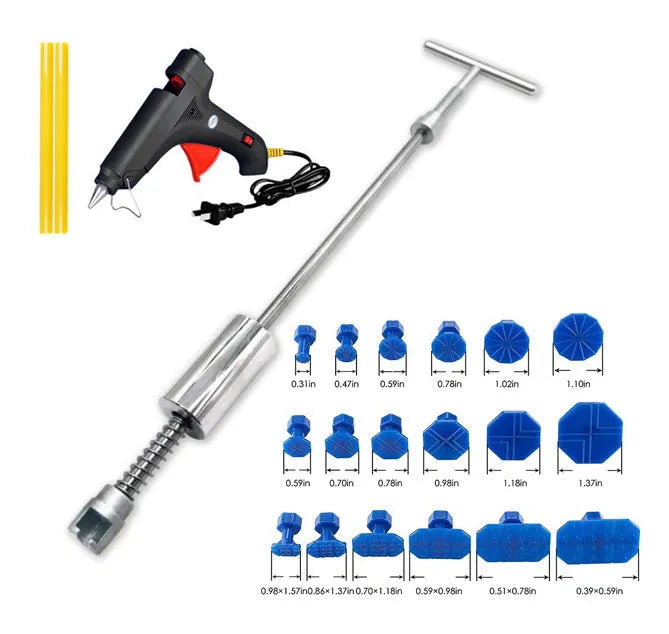 Automotive dent repair tool with T-shaped hammer and blue adhesive pads for car body panel repairs