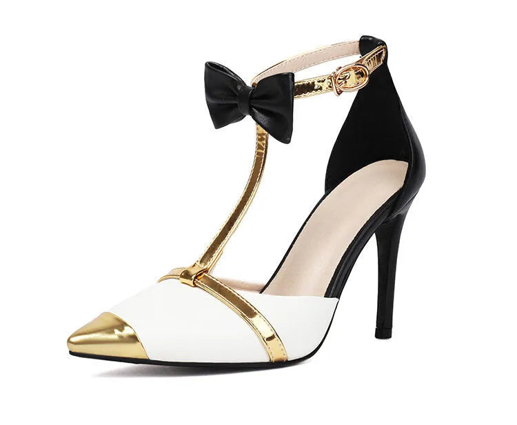Plus size women's purple and white closed toe high heel sandals with ankle buckle.