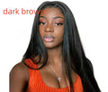 Long straight synthetic wig with centre-parted bangs in black colour on display
