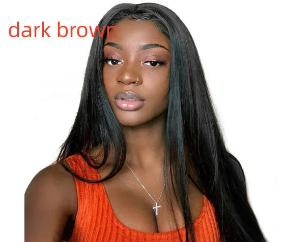 Long straight synthetic wig with centre-parted bangs in black colour on display