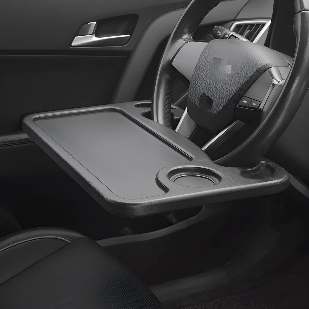 Black plastic car desk and storage stand with food tray, dimensions 42cm by 28cm.
