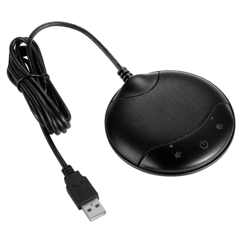 Black USB condenser microphone for conference calls and recording measuring 9x9x1.7cm