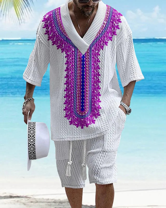 Printed men's knitted short-sleeved top and matching shorts in a drop-shoulder design.