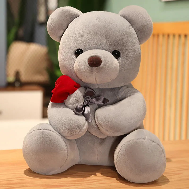 Plush teddy bear pillow in rose bear colours with cartoon design, shown in 25cm, 35cm and 45cm sizes