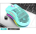 Hollow out wireless gaming mouse with RGB lighting in cyan colour