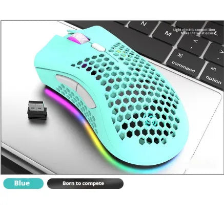Hollow out wireless gaming mouse with RGB lighting in cyan colour