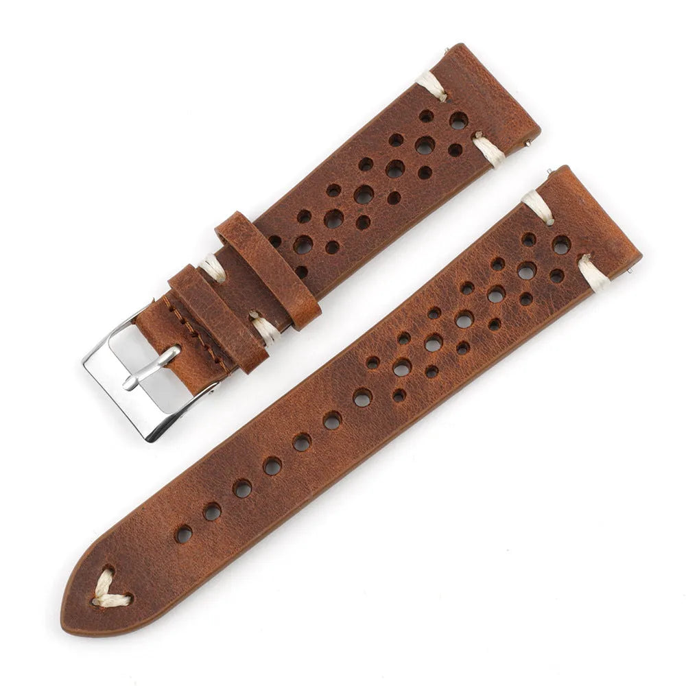 Handmade retro genuine leather watch band in brown with contrast stitching