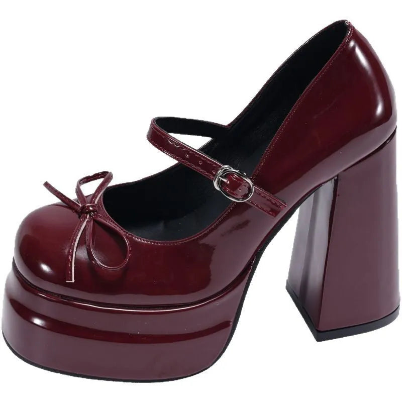 Women's chunky heel platform Mary Jane shoes in black with PU upper and buckle fastening
