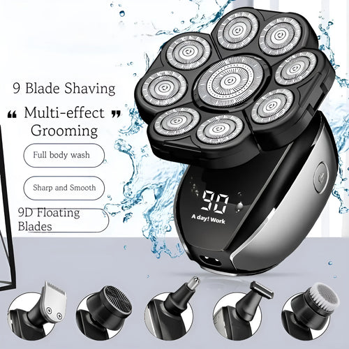 Black 6-in-1 multifunctional hair clippers kit with multiple attachments including trimmer, shaver, and grooming tools