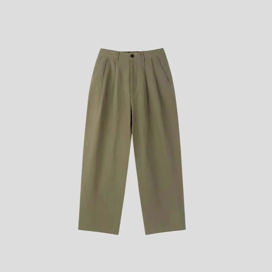 Men's wide-leg cotton linen trousers in apricot colour with elastic waist and pencil leg opening