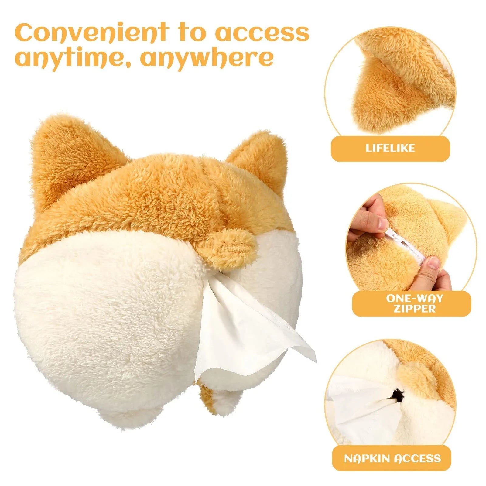 Yellow corgi butt shaped tissue box cover with elastic backing for car sun visor attachment