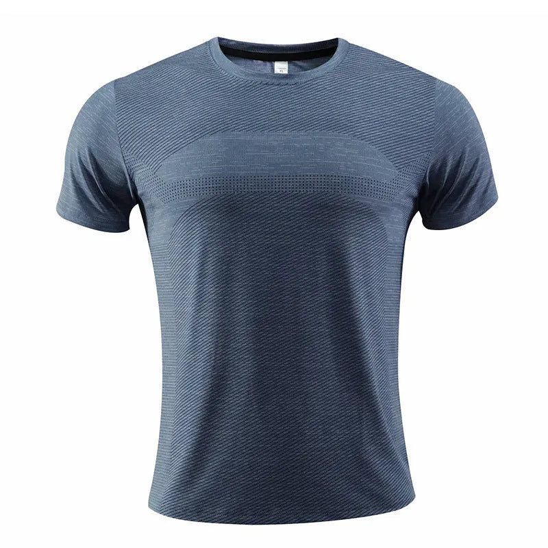 Men's short sleeve running t-shirt in polyester spandex fabric on a hanger