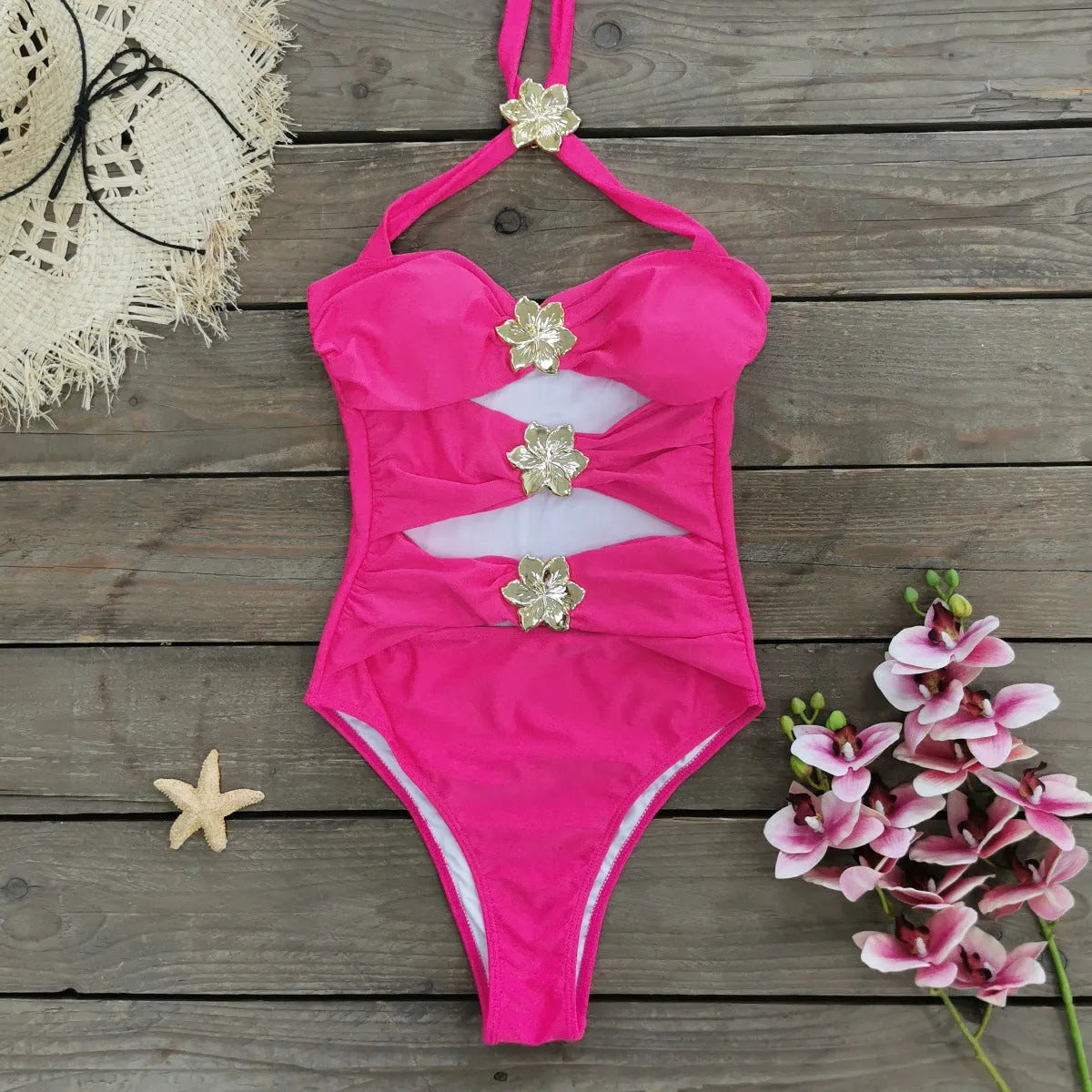 Solid colour high-waisted one-piece swimsuit with hollow-out tube top and matching short skirt for women.