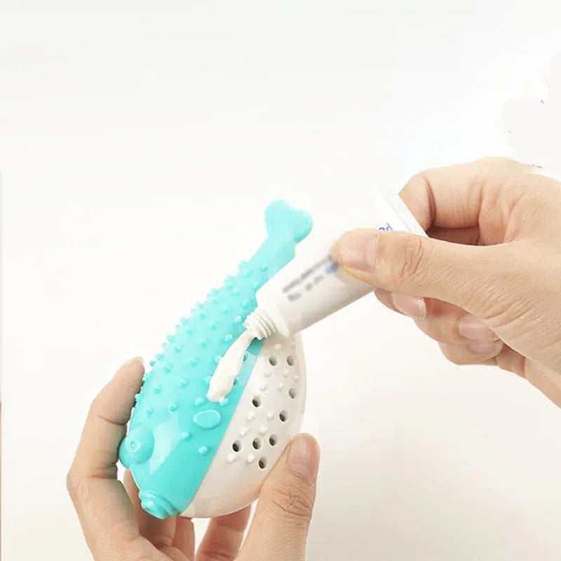 Blue silicone fish-shaped cat chew toy with measurements 12.2 x 4.9 x 5.8 cm