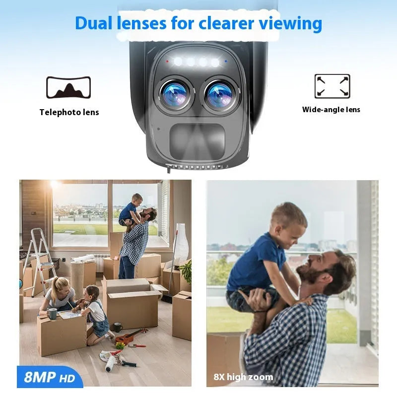 Solar-powered outdoor security camera with 8x zoom lens and dual 4G/Wi-Fi connectivity options
