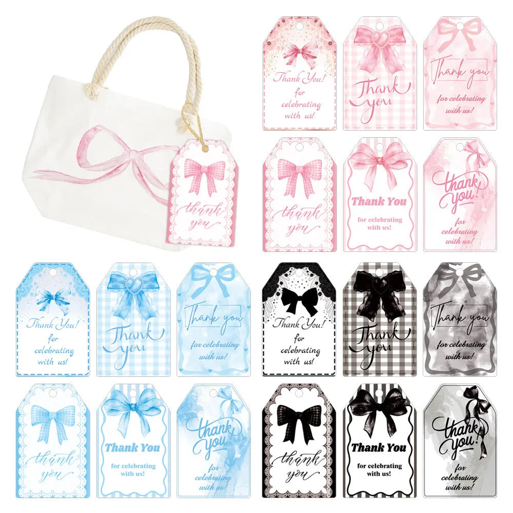 60 birthday party gift tags with bowknot designs in three styles including hemp rope