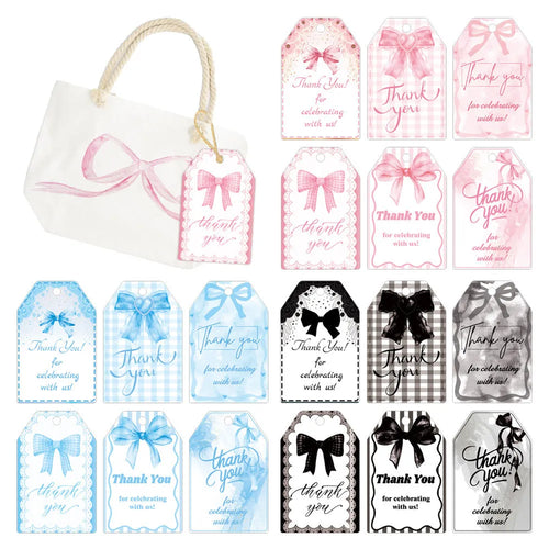 60 birthday party gift tags with bowknot designs in three styles including hemp rope