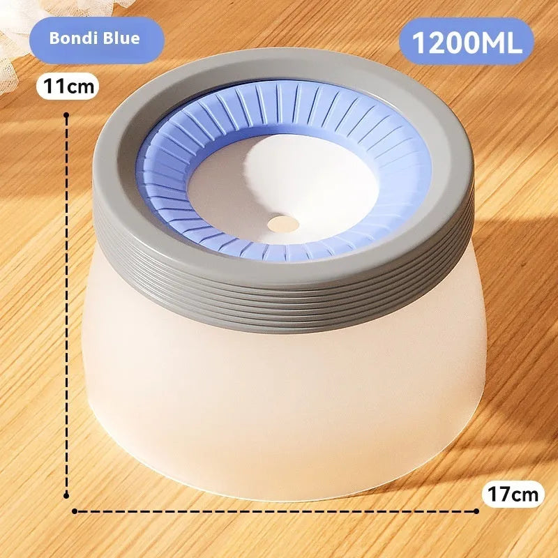 Suspension pet water bowl with non-wet mouth design in blue, green, and brown colour options showing 600ml and 1200ml capacities