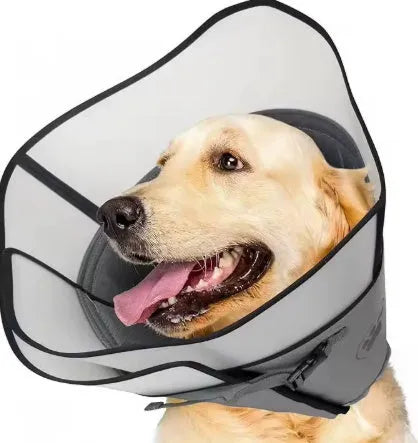 Soft white adjustable polyester collar for pet wound protection, shown next to a size label.