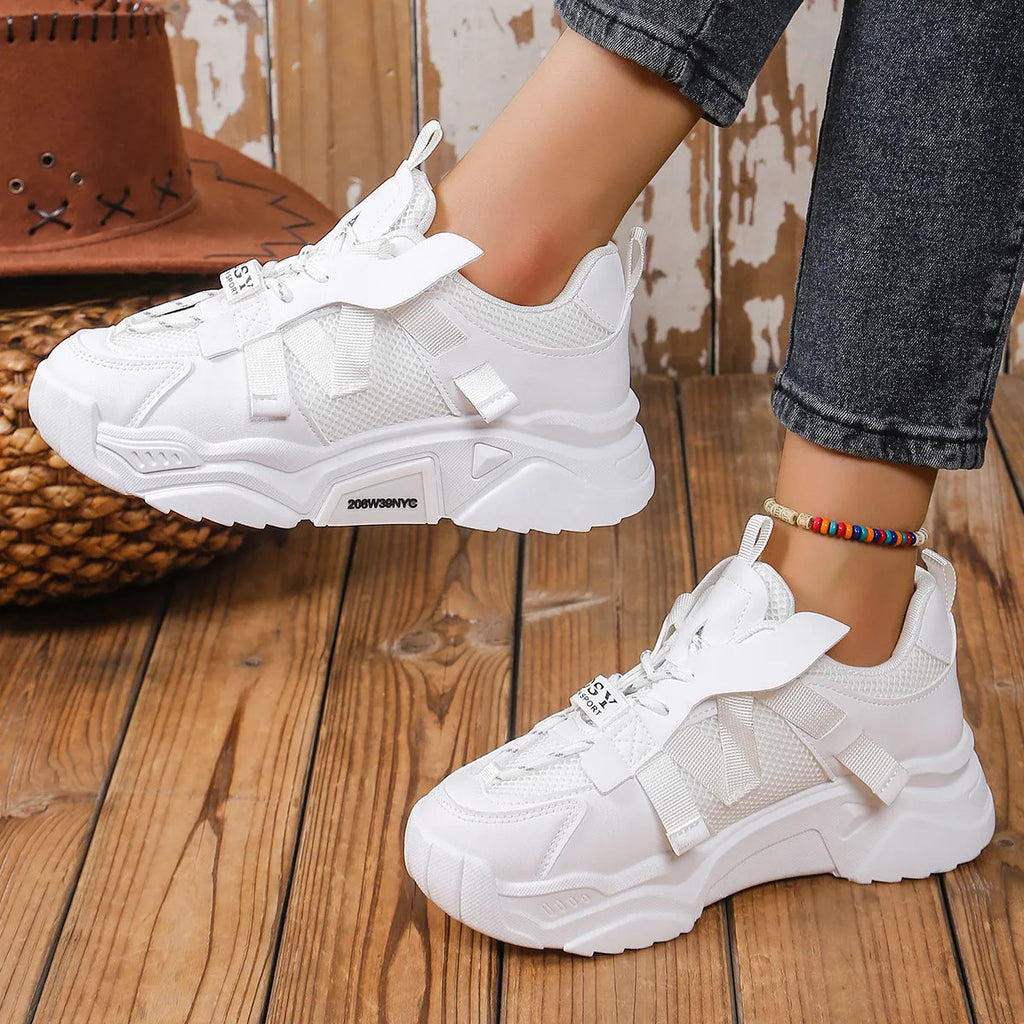 Women's platform mesh dad sneakers in various colours on a white background.
