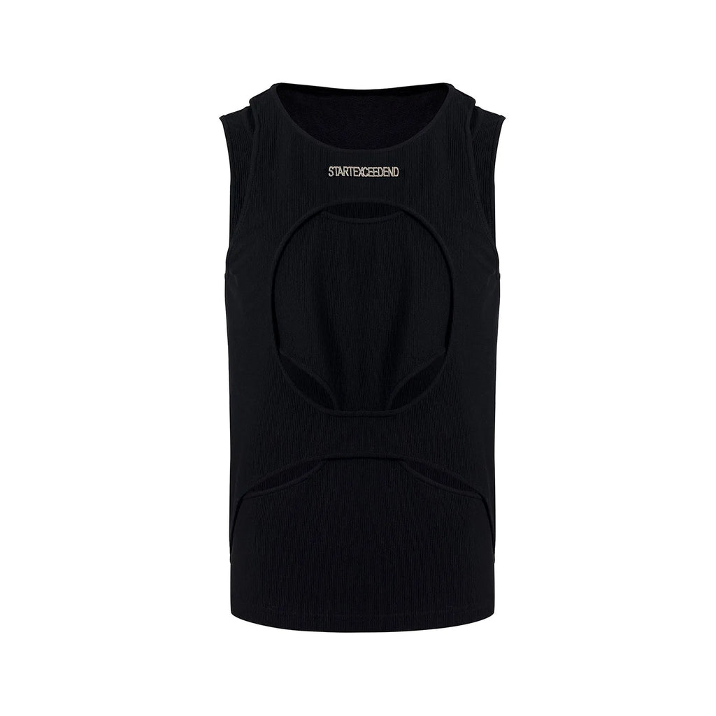 Men's black sleeveless waistcoat vest with a round neck and hollow white thread knit construction