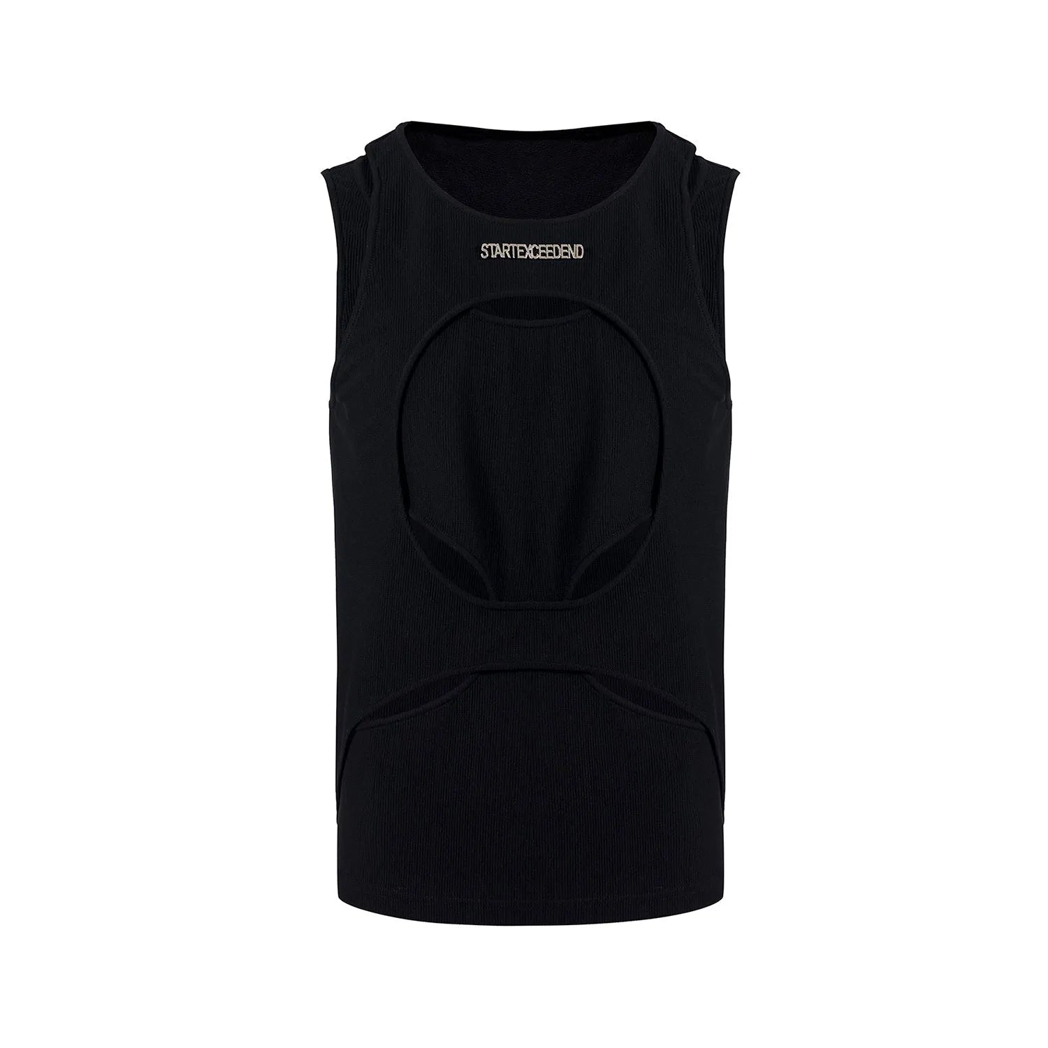 Men's black sleeveless waistcoat vest with a round neck and hollow white thread knit construction