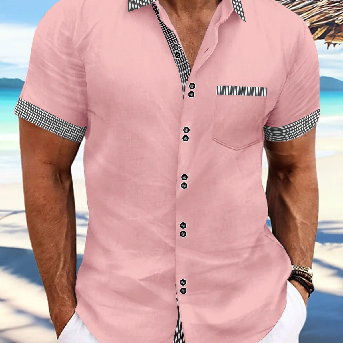 Pure cotton slim fit striped short sleeve casual shirt with double button front