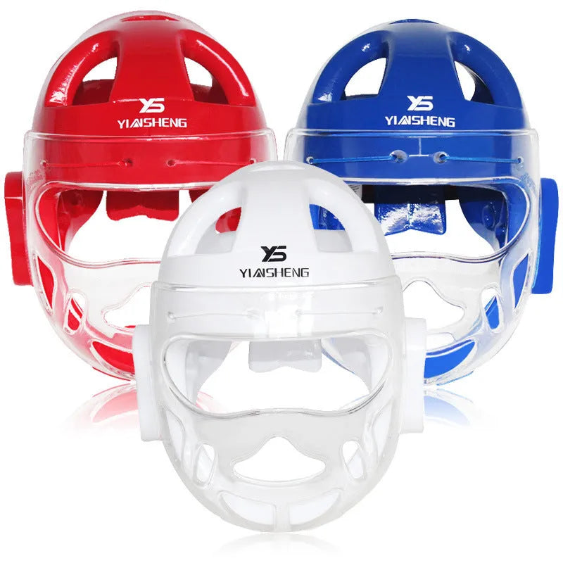 Karate helmet for boxing head protection in white, blue or red colour with size options from S to XL