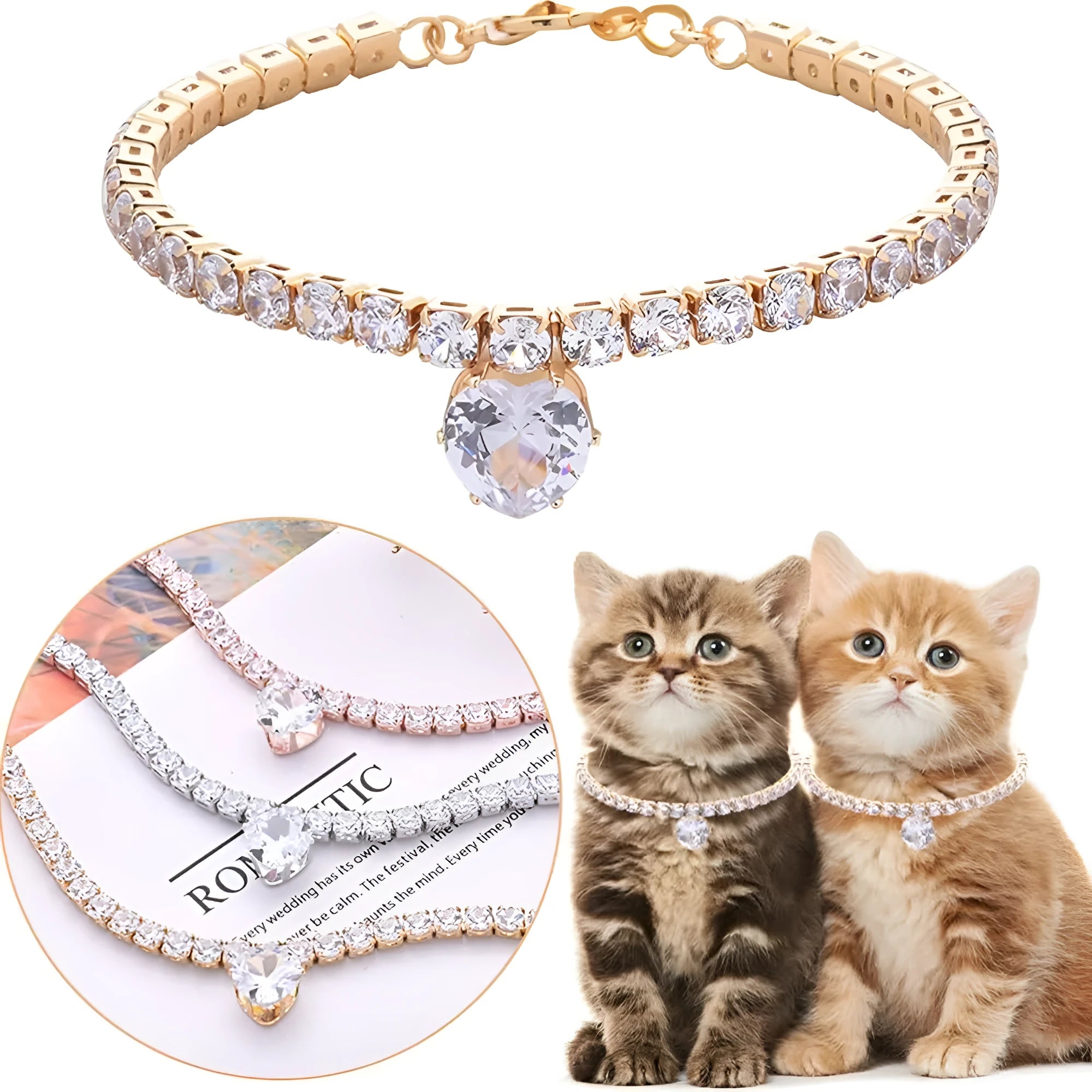 Gold rhinestone heart-shaped collar for medium dogs and cats with extension chain