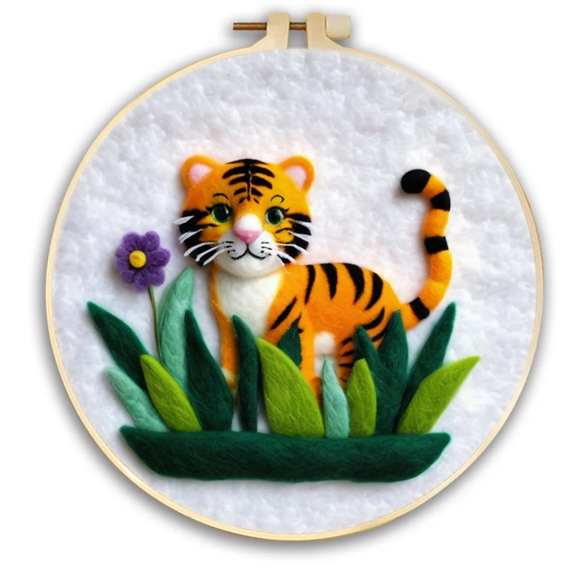 Round linen embroidery kit with wool felt materials for three-dimensional floral design