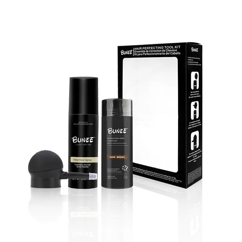 275g can of dense hair fibre powder with application nozzle and shaping spray bottle for thinning hair.