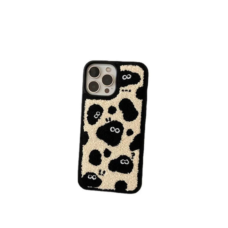 Black plush soft back phone case featuring a fairy character design for compatible iPhone models.