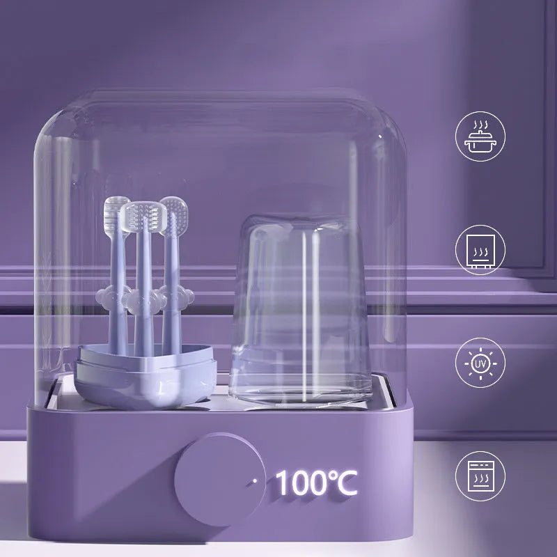 Soft silicone pet toothbrush for dogs and cats in purple, shown with flexible gel bristles for teeth cleaning.