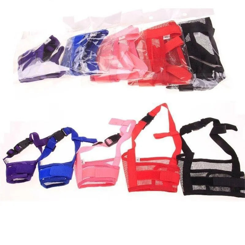 Adjustable plastic dog safety muzzle in cage design available in multiple colours and sizes