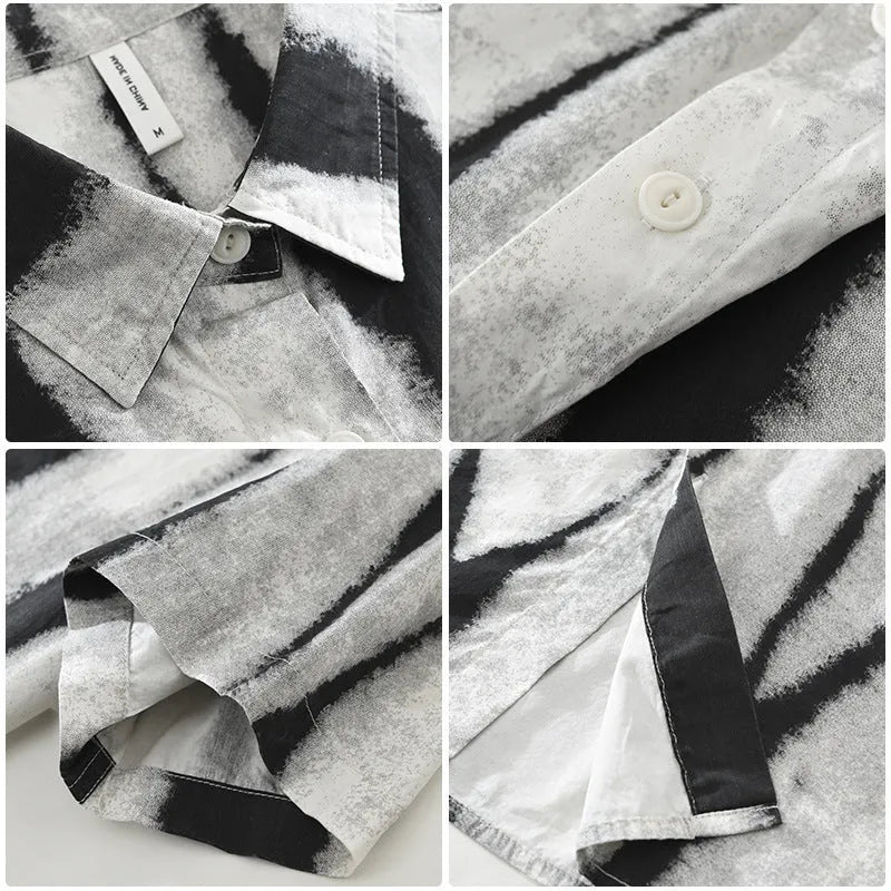 Retro striped short sleeve shirt in pure cotton, shown in black and brown, with a loose cardigan fit.
