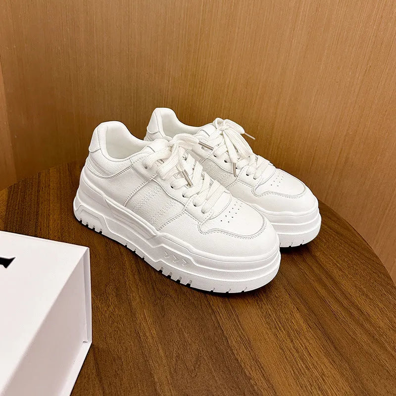 White cowhide leather platform height increasing casual lace up sports board shoes for women