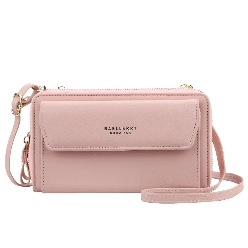 Ladies long wallet double zipper messenger bag in soft PU leather showing colour options