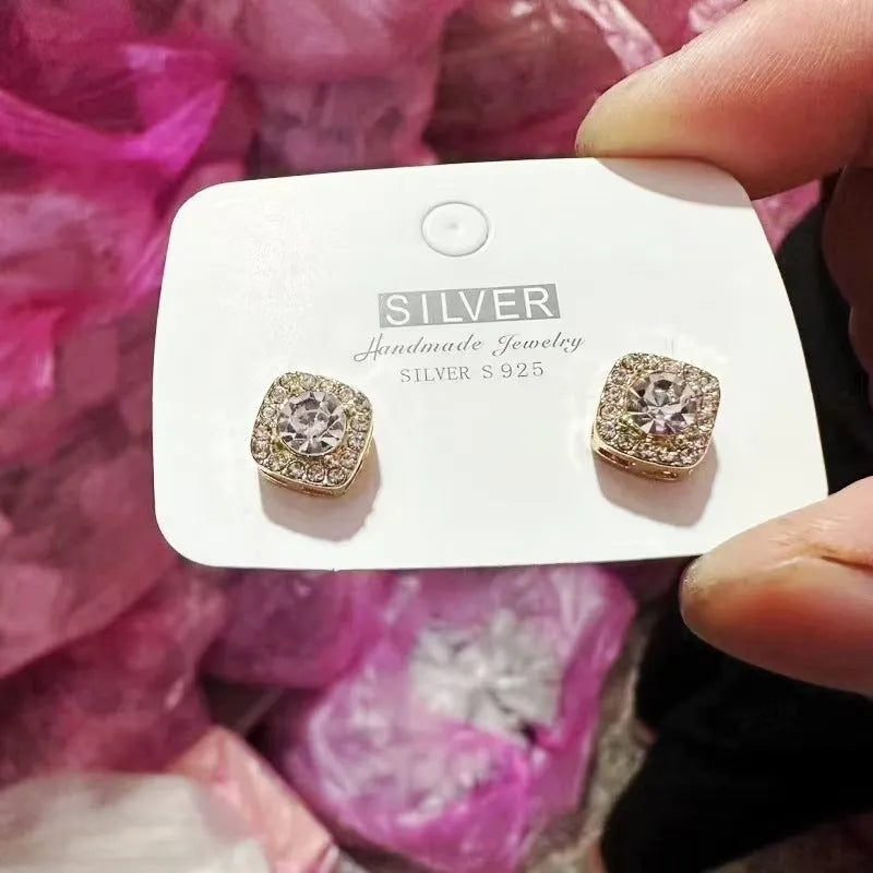 Square diamond geometric earrings for women in silver or gold alloy metal