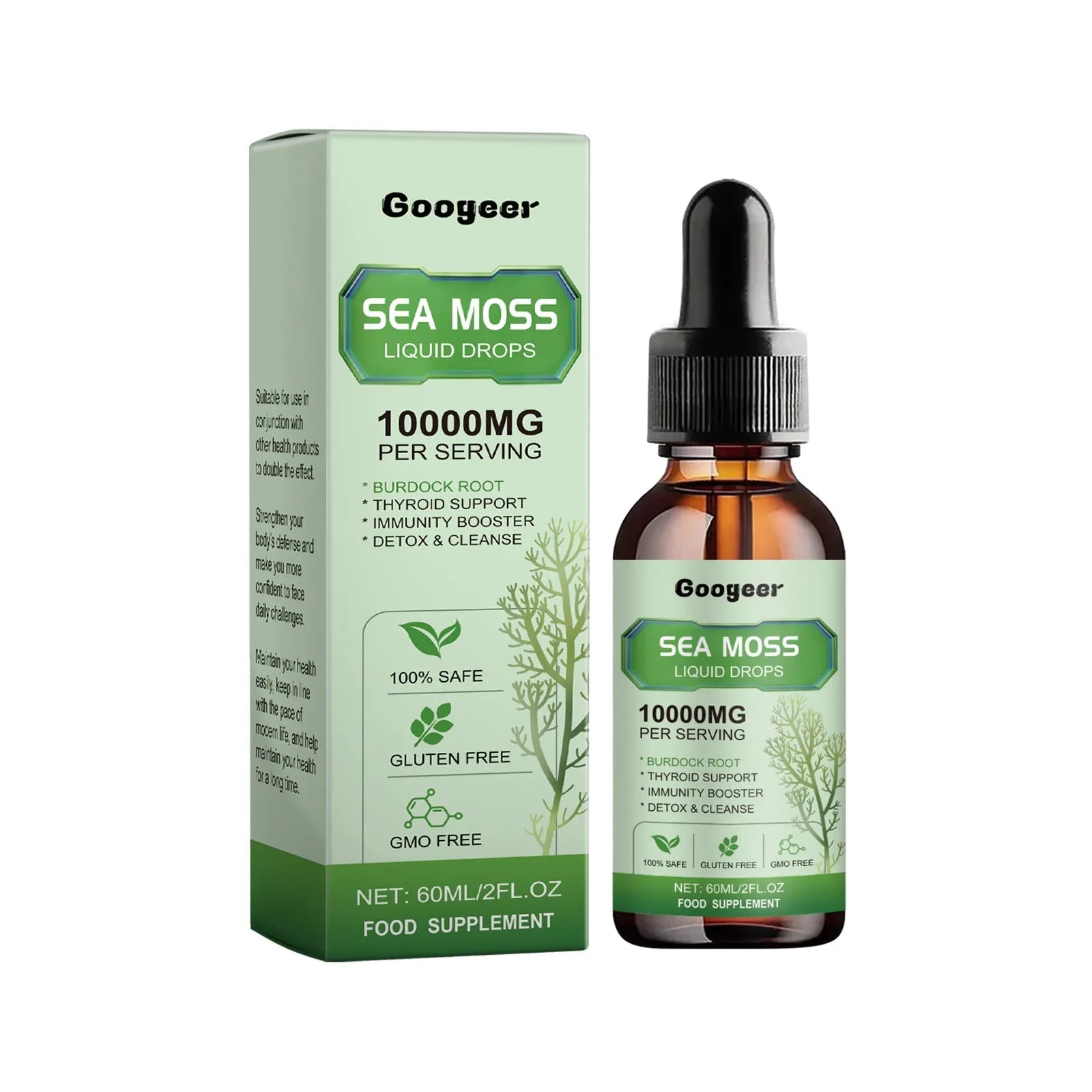 Googeer sea moss liquid drops body treatment bottle, 60ml capacity, 3.3x3.3x12cm.
