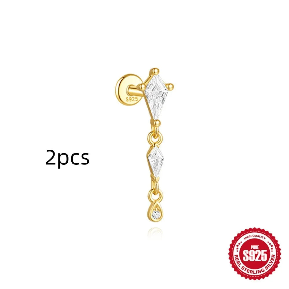 S925 sterling silver geometric kite earrings with rhinestones and chain tassel in gold tone