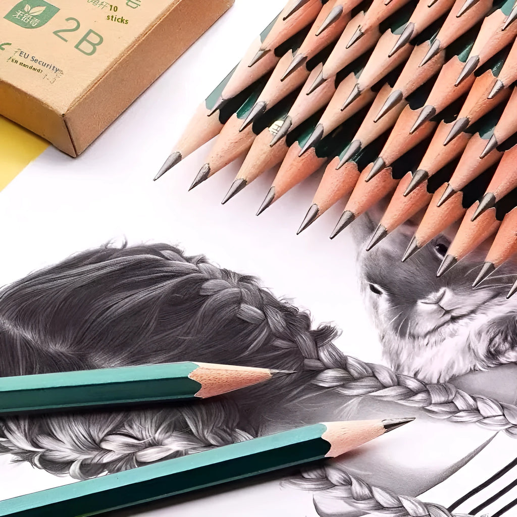Green hexagonal wooden pencils in 2B and HB grades, 10-piece boxed set for drawing and writing