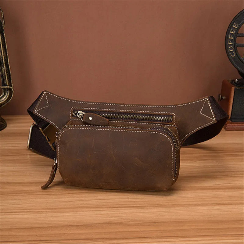 Brown genuine cowhide men's sports waist bag with pull closure and internal organisation compartments