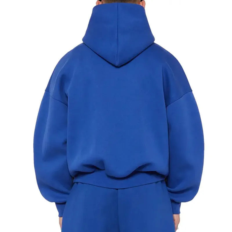 Men's solid color fleece-lined pullover hoodie with threaded long sleeves in gray, black, blue, or red.
