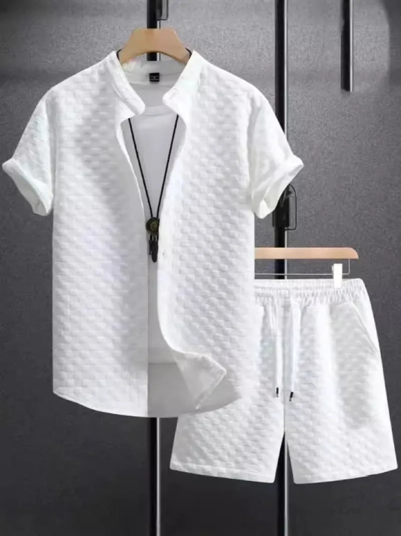 Men's jacquard short sleeve suit shorts set in chemical fibre blending fabric