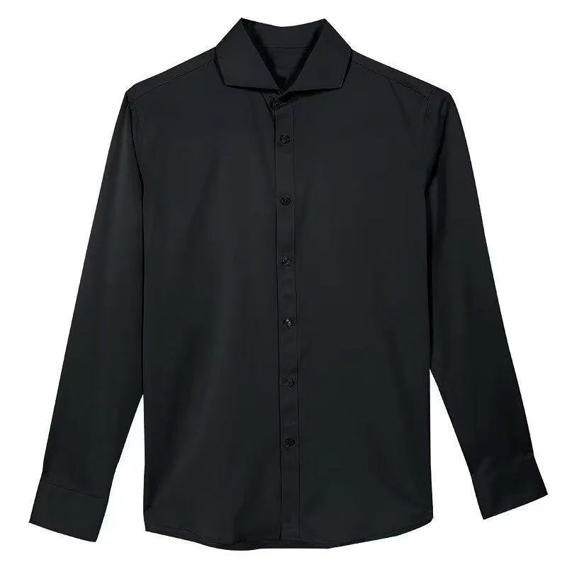 Man wearing a black loose-fit long sleeve cardigan shirt with a V-neck in Korean Japanese style.